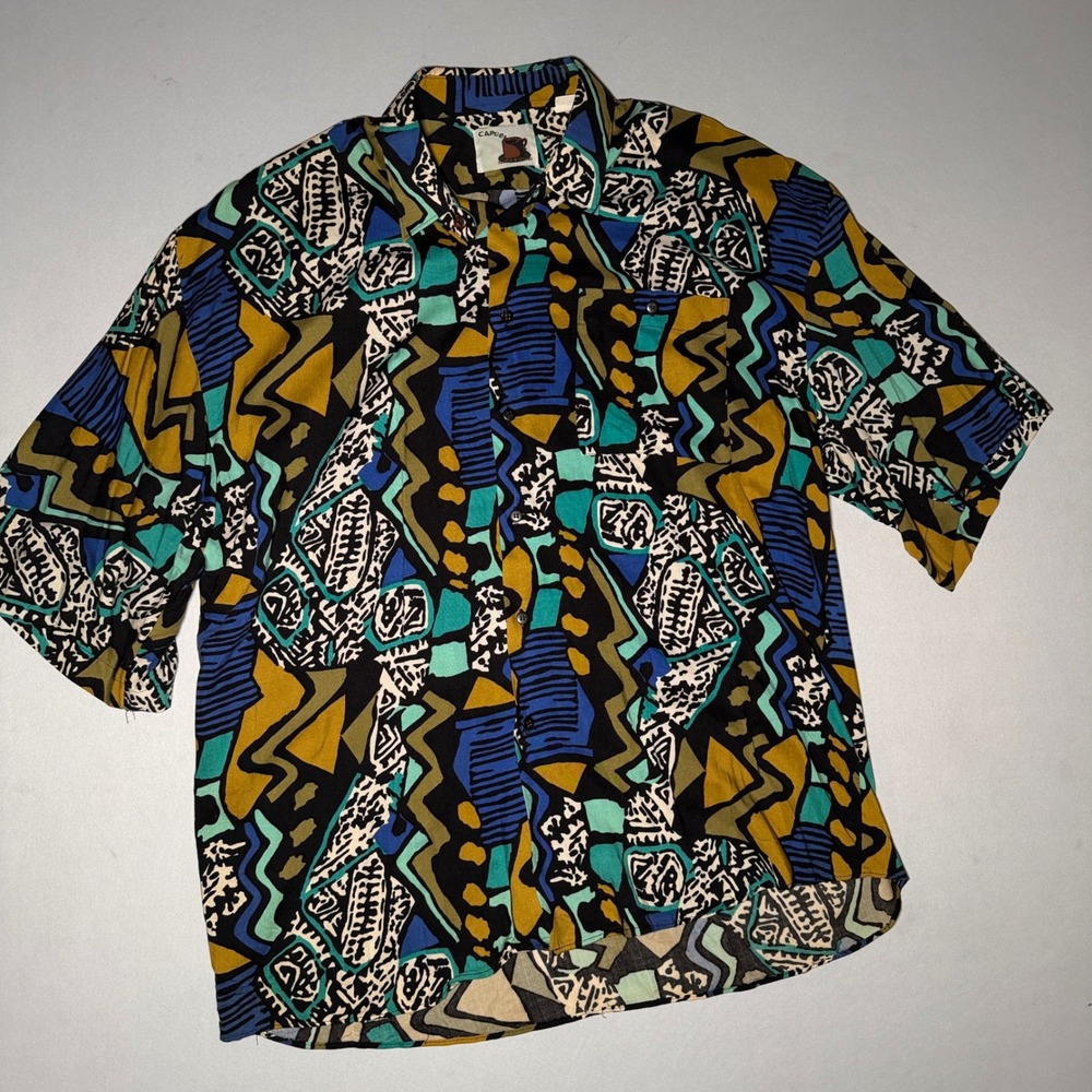Vtg Geometric Rayon Shirt Mens Large Capucio Abstract Short Sleeve Multi